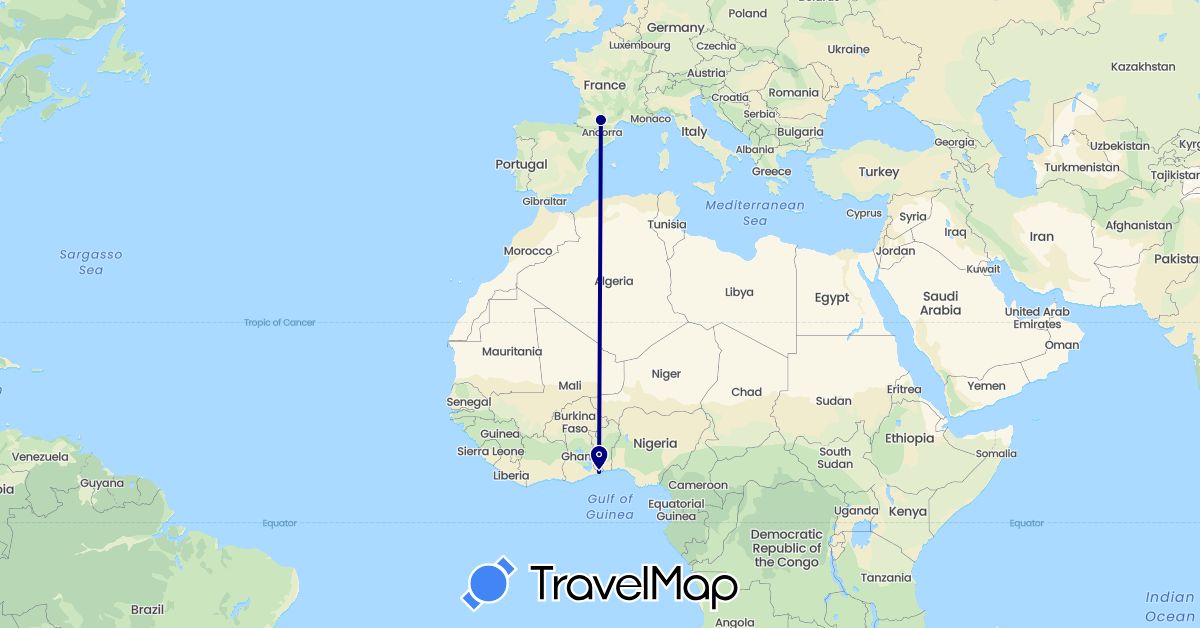 TravelMap itinerary: driving in France, Togo (Africa, Europe)